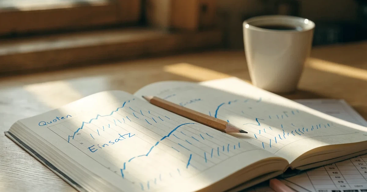 Ein Notizbuch mit handgezeichneten Kurven und Strichlisten liegt aufgeschlagen neben Bleistift und Radiergummi auf einem Schreibtisch im Tageslicht.