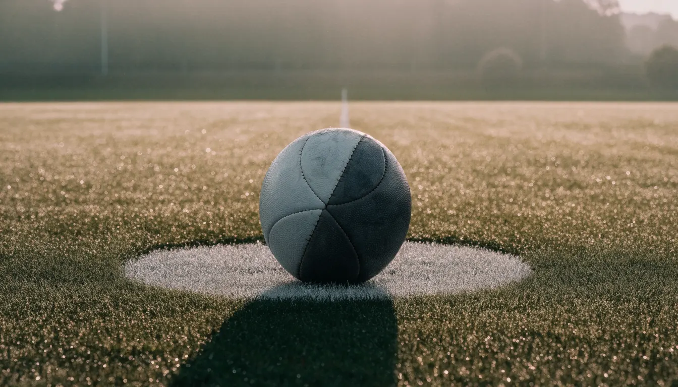 Ein Fußball liegt auf dem Anstoßpunkt eines Rasenplatzes im ersten Morgenlicht, Tau glänzt auf dem Gras.