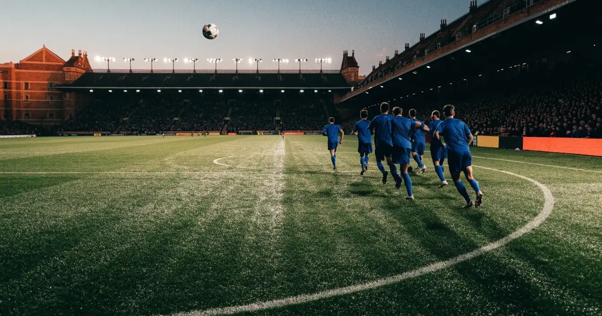 Ein englisches Fußballstadion mit rotbraunen Backsteintribünen unter bedecktem Himmel, davor ein nasser Rasen mit Spielfeldlinien.