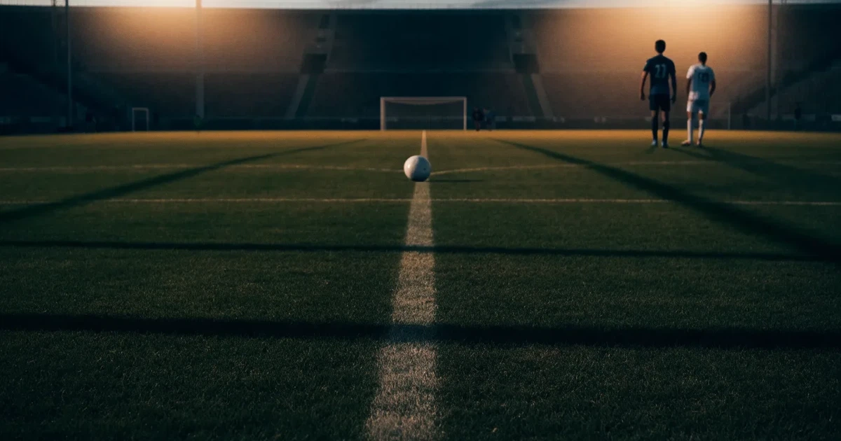 Ein Rasenplatz in der Dämmerung mit eingeschalteten Flutlichtmasten, ein Ball liegt am Anstoßpunkt, die Tribünen im Hintergrund sind unscharf.
