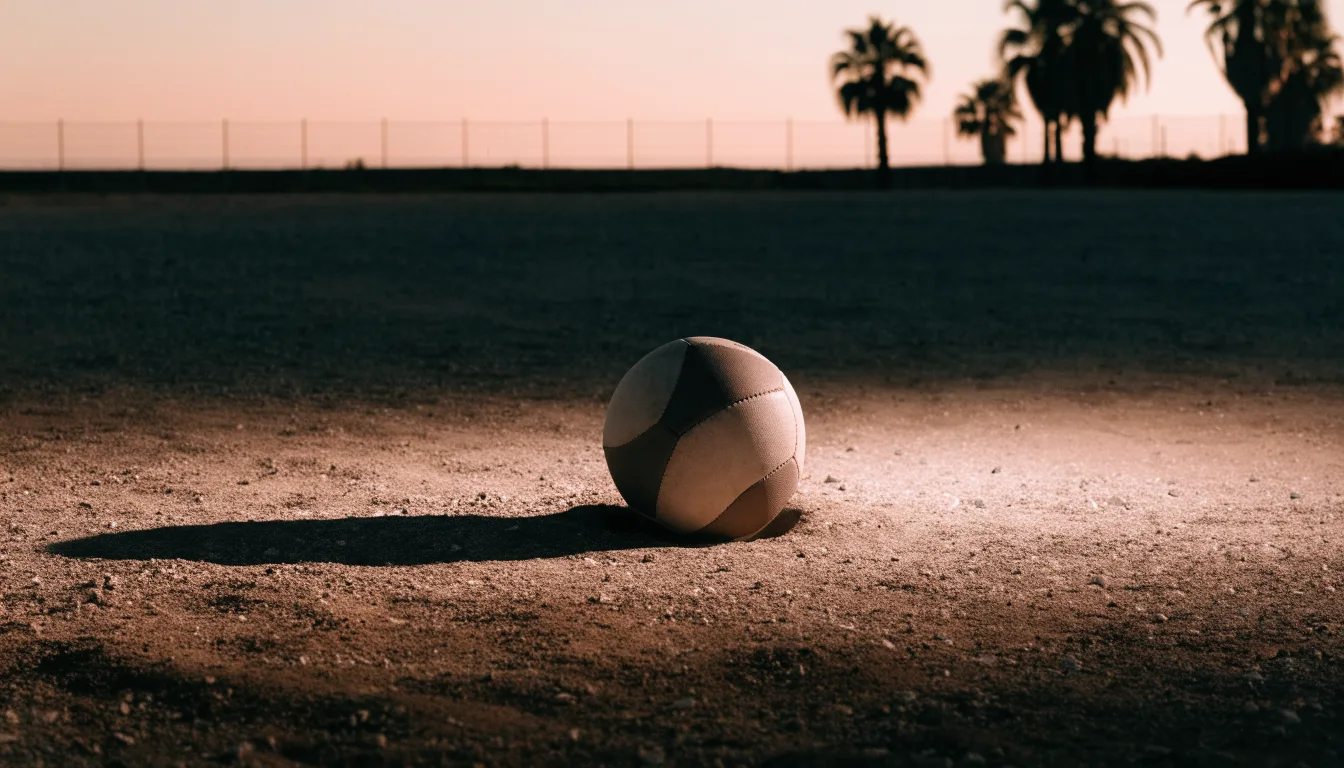 Ein Fußball liegt auf einem staubigen Bolzplatz mit Palmen im Hintergrund in warmem Abendlicht.