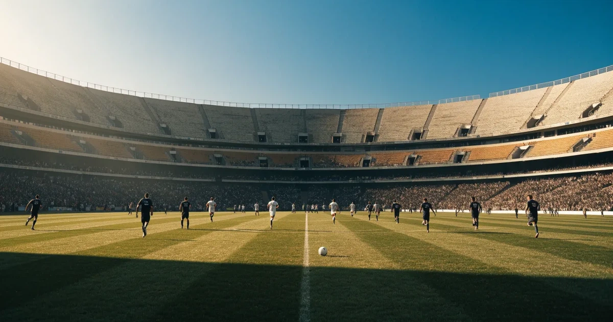 Ein Fußballstadion mit hellen Rängen unter strahlend blauem Himmel, davor ein sonnenbeschienener Rasen mit frisch gemähten Streifen.