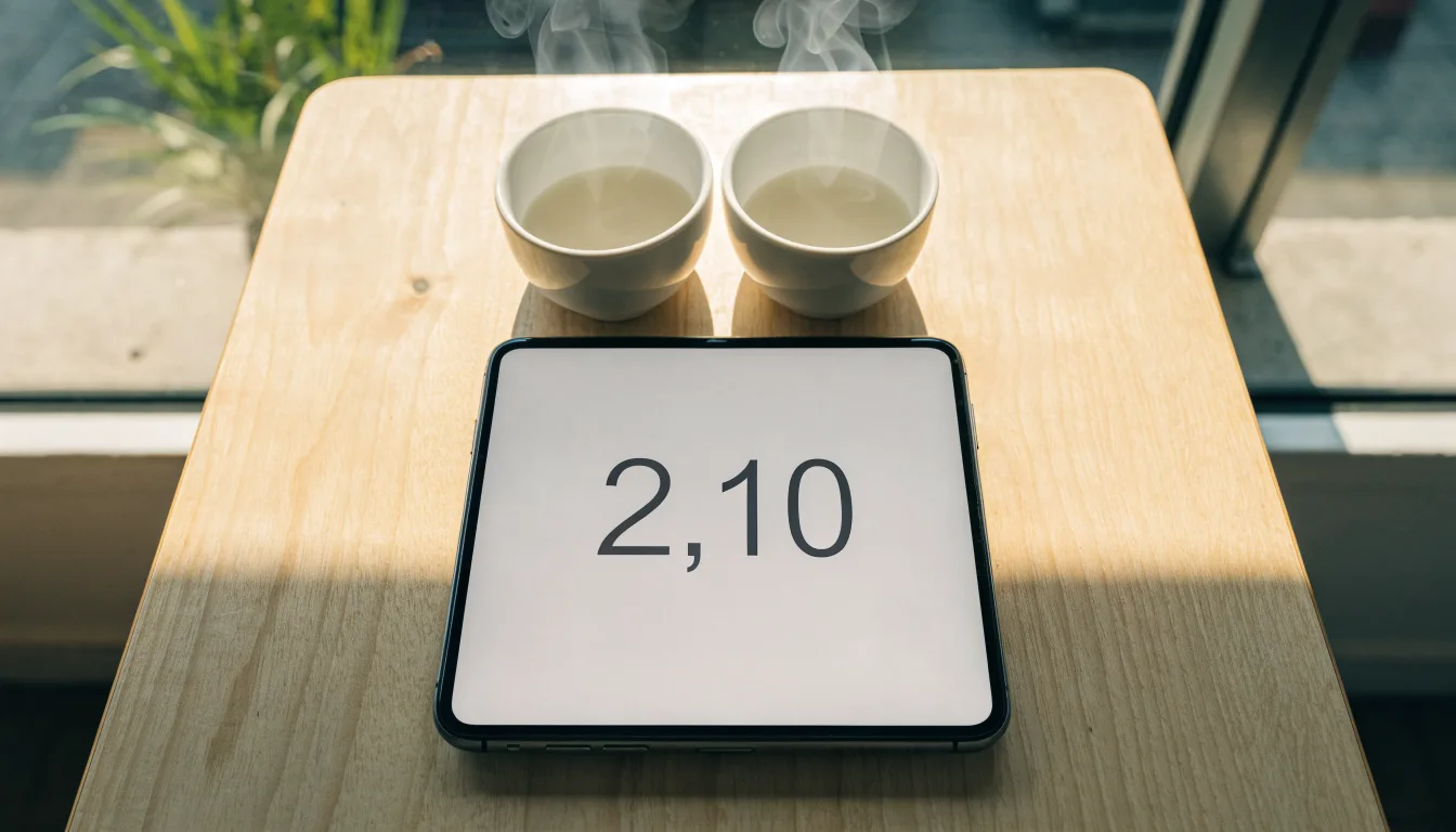Zwei Kaffeetassen und ein dunkles Smartphone stehen auf einem Café-Tisch am Fenster im Morgenlicht.