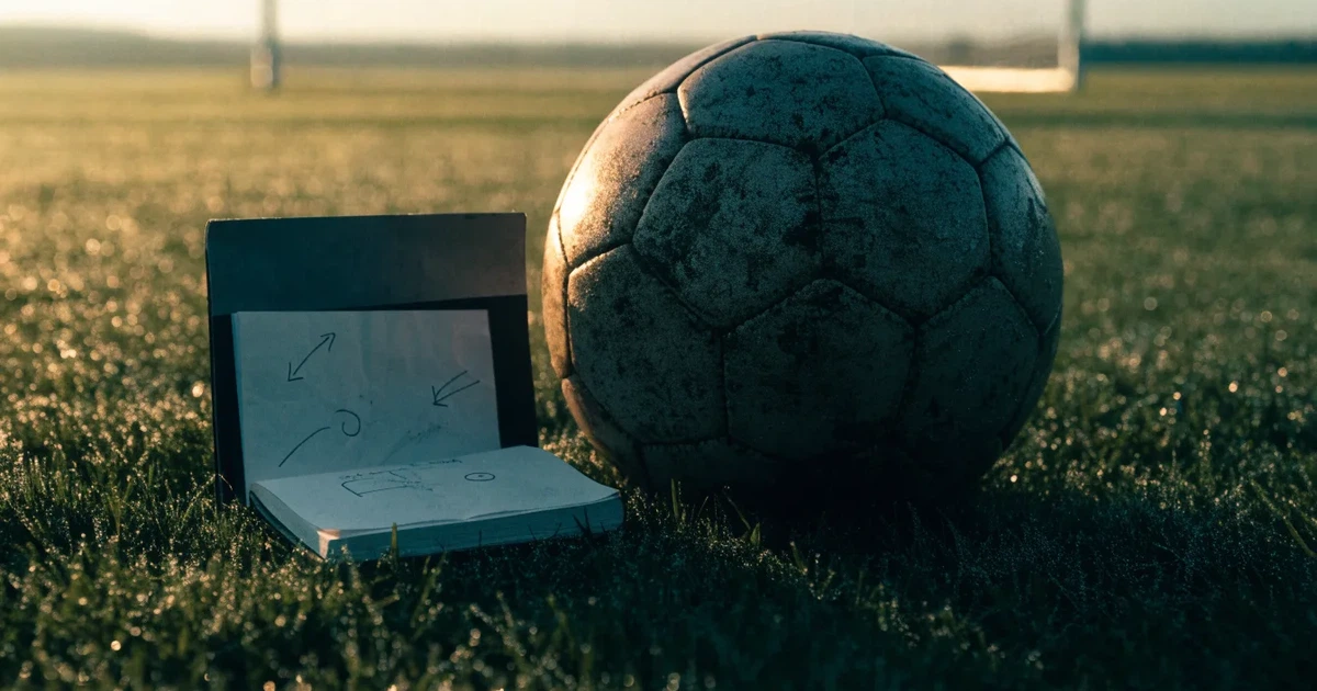 Ein Fußball und ein Notizblock mit handgezeichneten Pfeilen und Kreisen liegen an einer Rasenkante im Morgenlicht.
