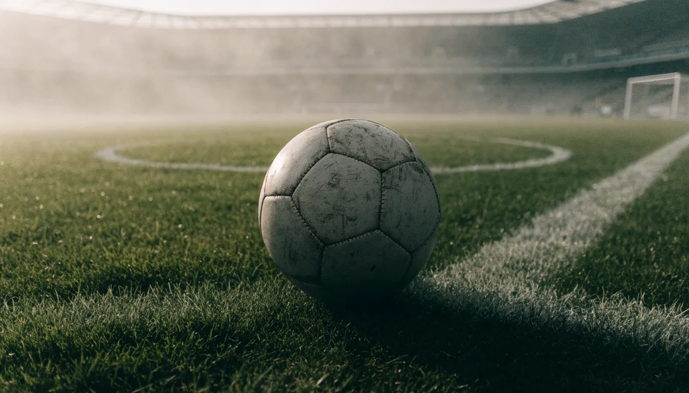 Ein abgewetzter Fußball liegt auf dem Anstoßkreis eines Naturrasens im Morgennebel.