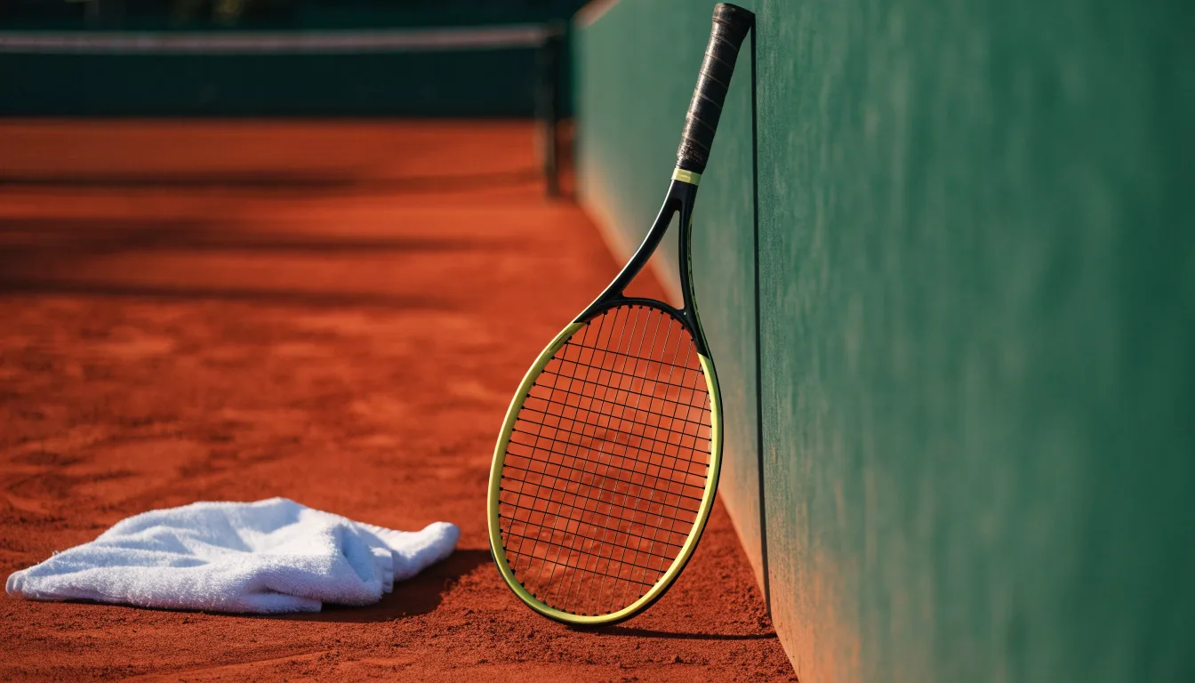 Ein Tennisschläger lehnt an einer dunkelgrünen Bande ohne Aufschrift auf einem Sandplatz, daneben liegt ein Handtuch.