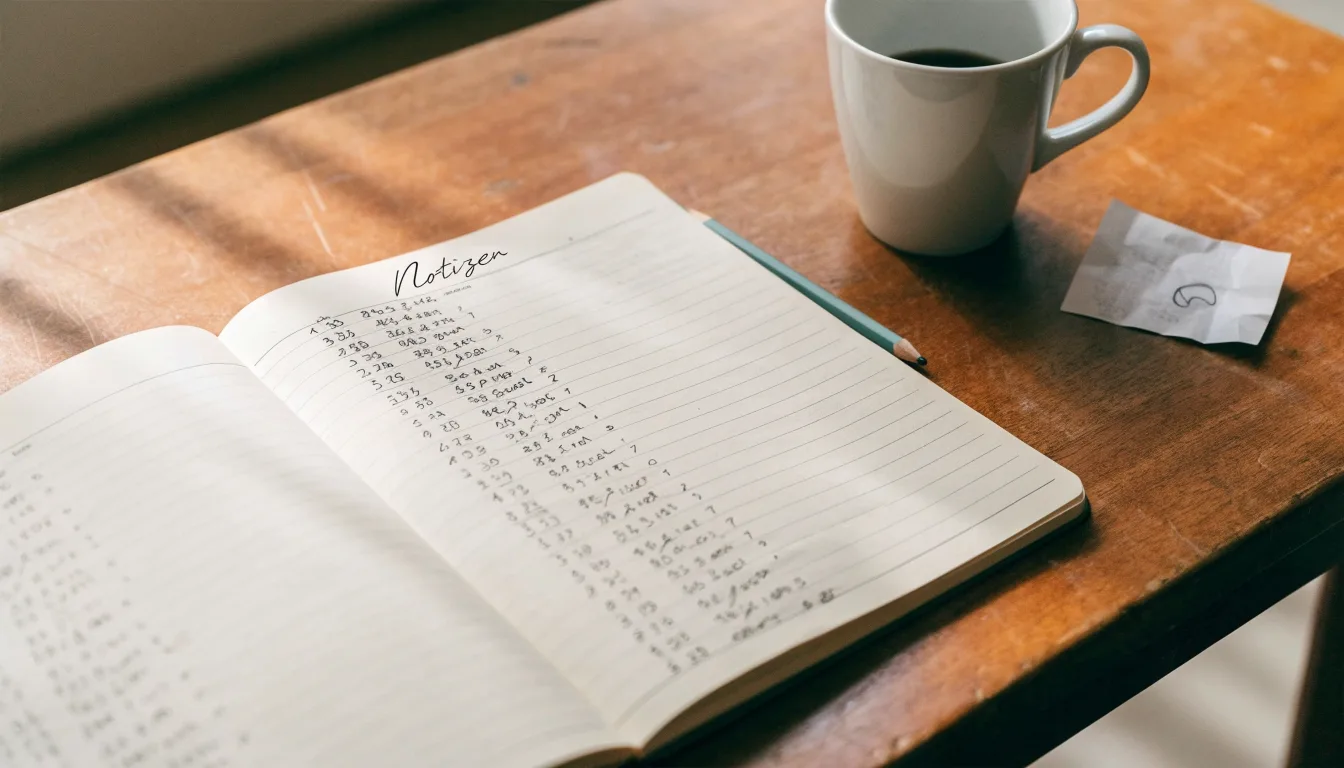 Ein aufgeschlagenes Notizbuch mit handschriftlichen Skizzen liegt neben einem Bleistift auf einem Holztisch, daneben eine Tasse Kaffee.
