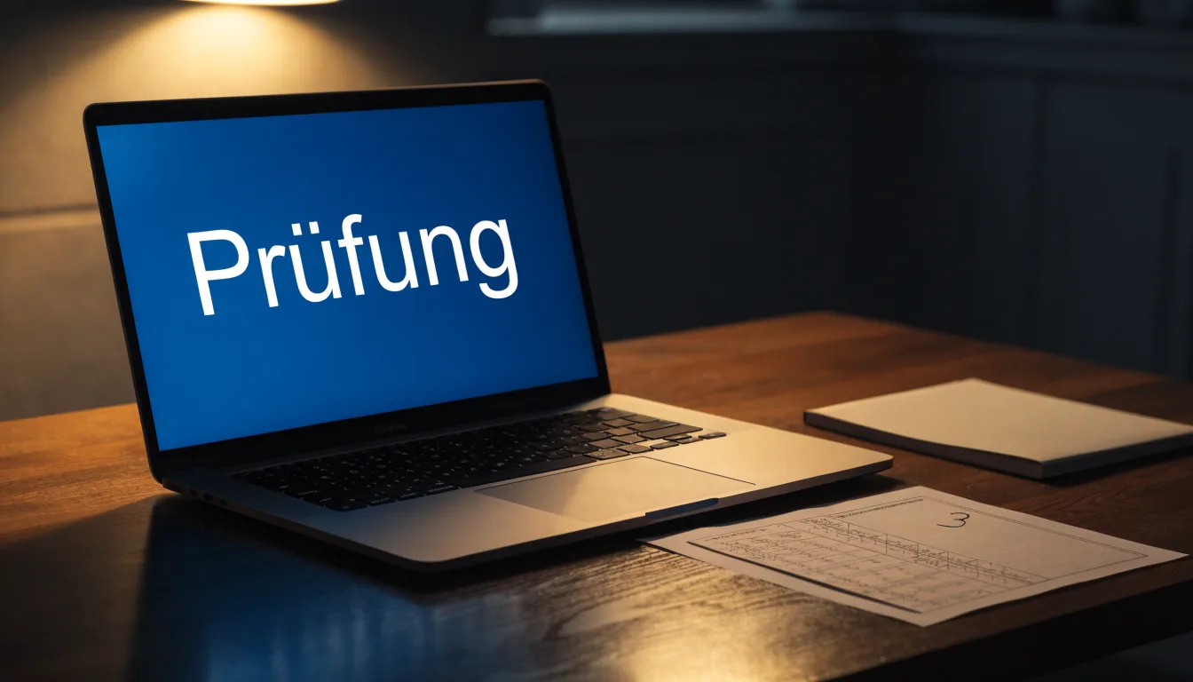 Eine Balkenwaage aus Messing steht neben einem hölzernen Richterhammer auf einem dunklen Pult, im Hintergrund ein unscharfes Bücherregal.