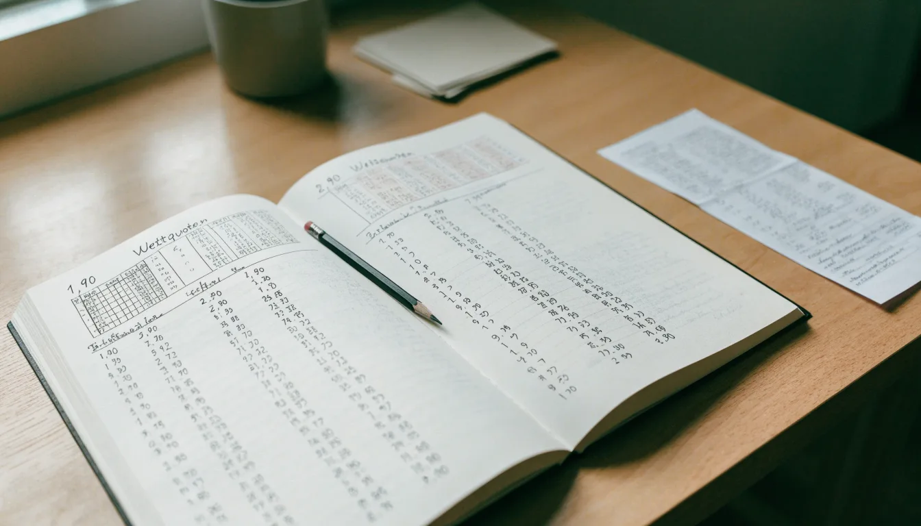 Ein Taschenrechner und ein Bleistift liegen auf einem Schreibtisch neben einem aufgeschlagenen Notizbuch mit handschriftlichen Zahlenreihen.