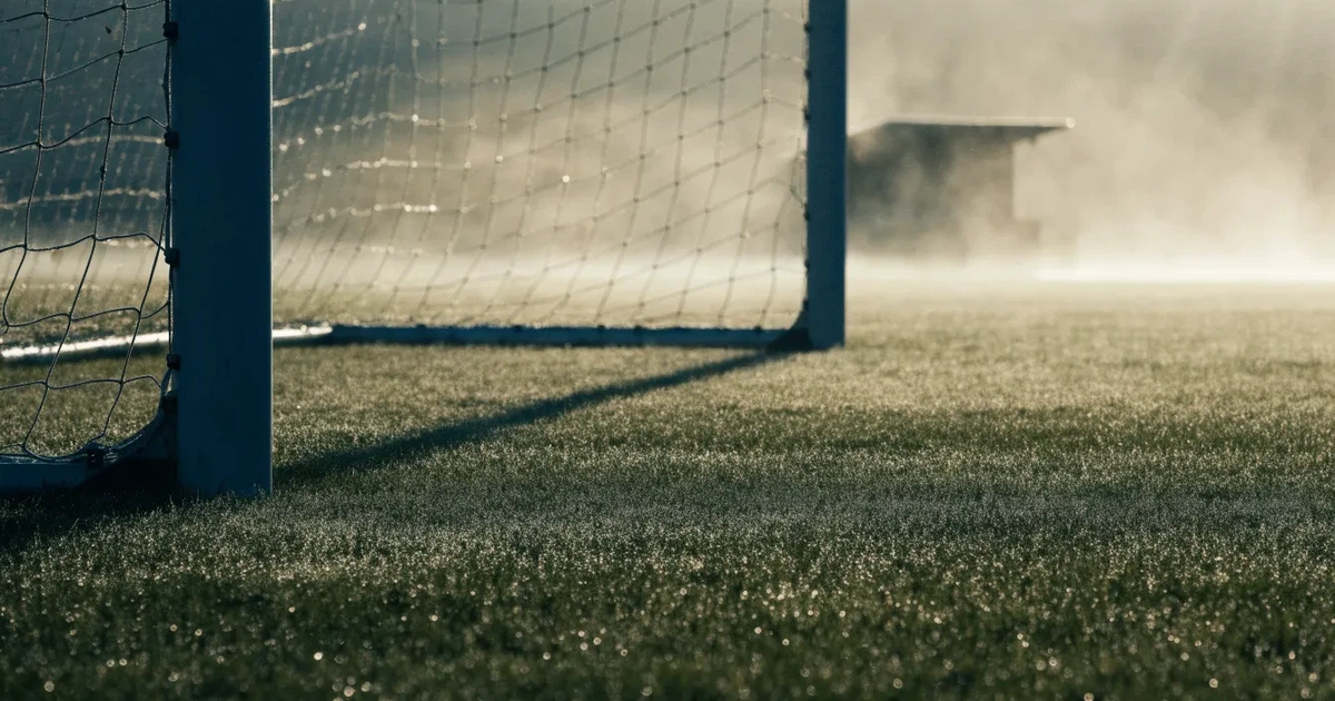 Ein Fußballtor mit Netz steht im Morgennebel auf einem leeren Rasenplatz, im Hintergrund die Silhouette einer kleinen Tribüne.