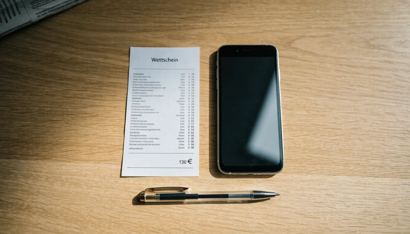 Ein leerer Papier-Wettschein liegt neben einem Smartphone mit dunklem Display auf einer hellen Tischplatte, daneben ein Kugelschreiber.