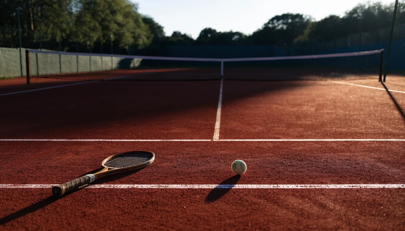 Ein Tennisplatz bei Sonnenaufgang, Netz und Grundlinien im weichen Licht, niemand ist zu sehen.