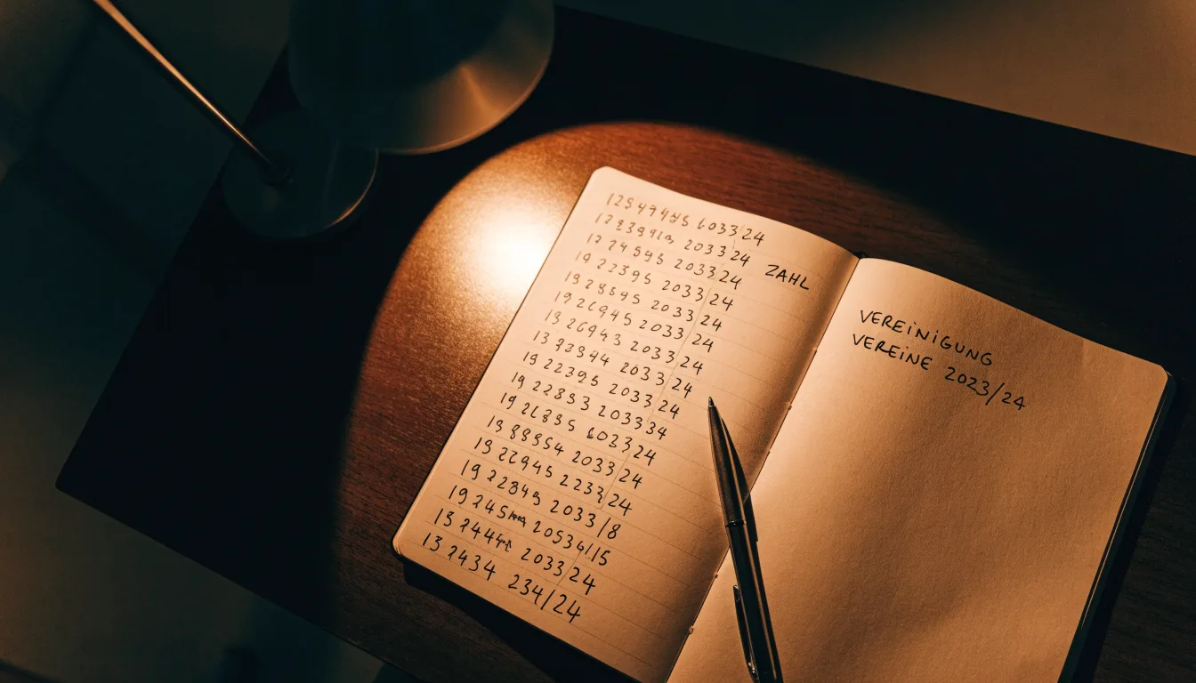 Ein Taschenrechner und ein Notizbuch mit handschriftlichen Zahlenreihen liegen auf einem Schreibtisch unter einer Lampe.