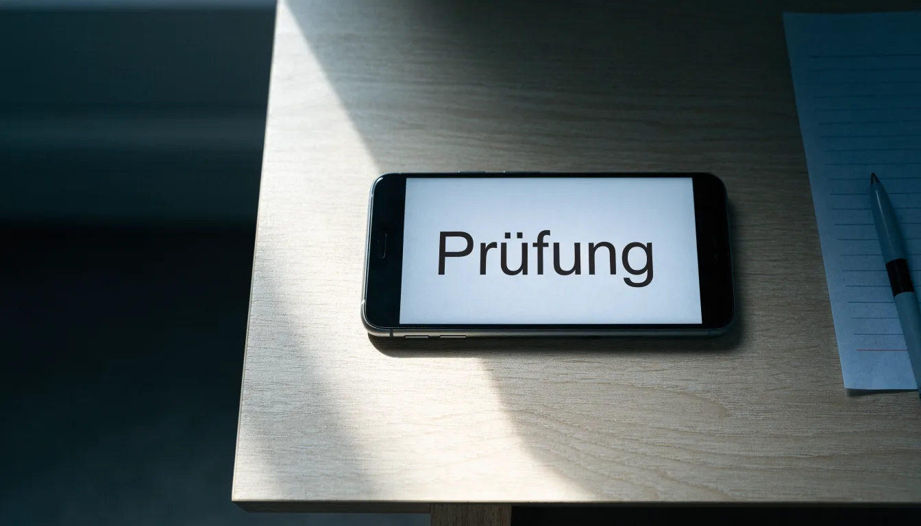 Ein Richterhammer aus Holz liegt auf einer polierten Tischplatte neben einer Messingwaage, im Hintergrund ein verschwommenes Bücherregal.