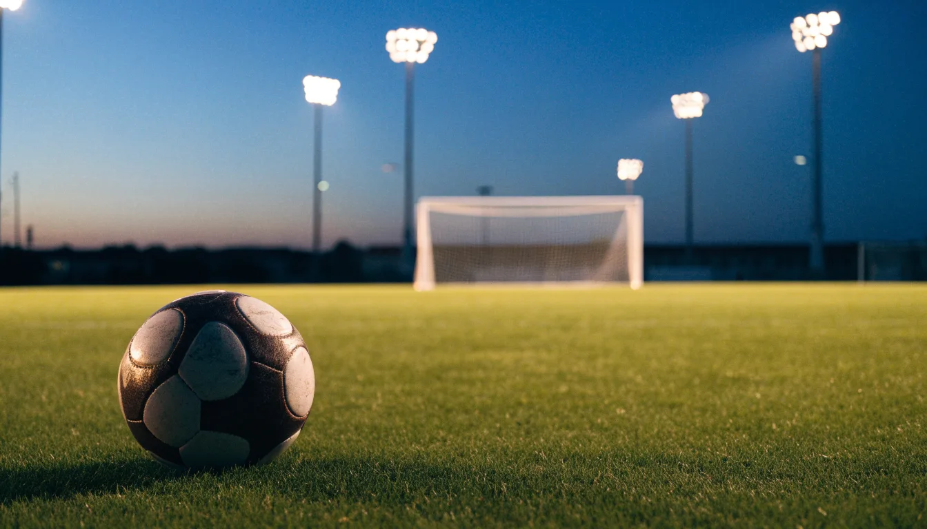 Ein Fußball liegt im Gras eines leeren Platzes, im Hintergrund stehen Flutlichtmasten in der Dämmerung.