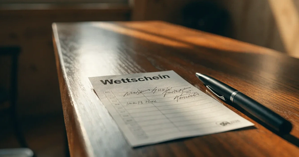 Ein leerer Papier-Wettschein und ein Kugelschreiber liegen auf einem Holztisch, daneben ein kleiner Stapel Münzen im Morgenlicht.
