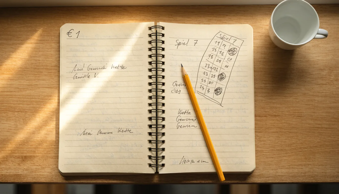 Ein aufgeschlagenes Notizbuch mit handschriftlichen Skizzen und ein Bleistift liegen auf einem Schreibtisch neben einer Tasse Tee.