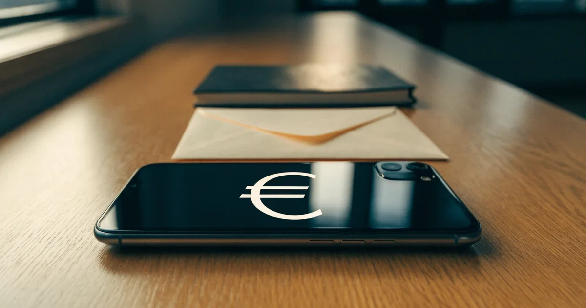 Ein leerer Umschlag und eine Münze liegen auf einer Tischplatte neben einem Smartphone mit dunklem Display.