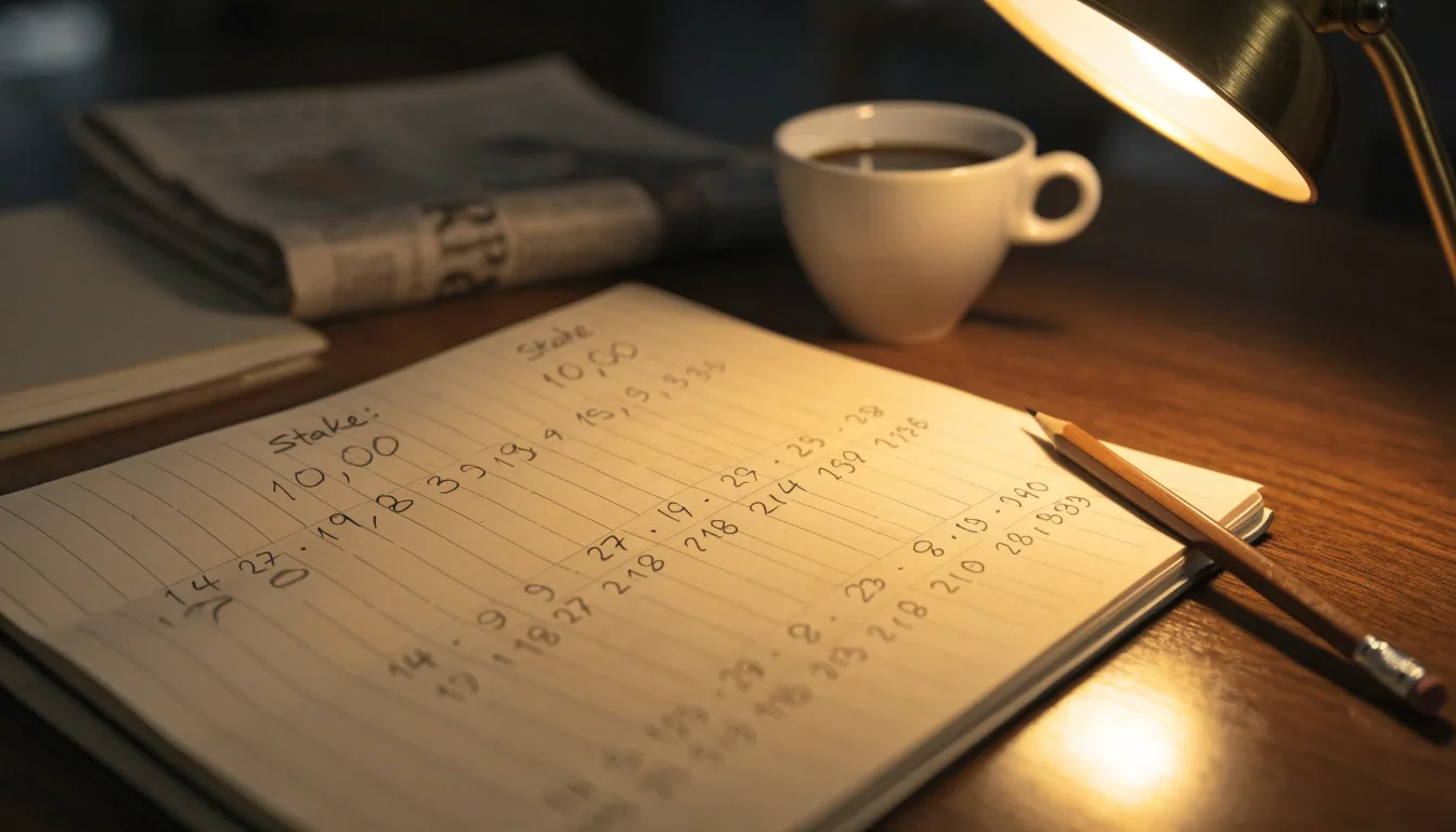 Ein Taschenrechner und ein Bleistift liegen auf einem Schreibtisch neben einer Tasse Kaffee im Licht einer Lampe.