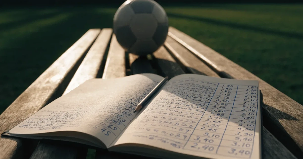 Ein Notizbuch mit handschriftlichen Zahlenkolonnen und ein Bleistift liegen neben einem Fußball auf einer Holzbank.