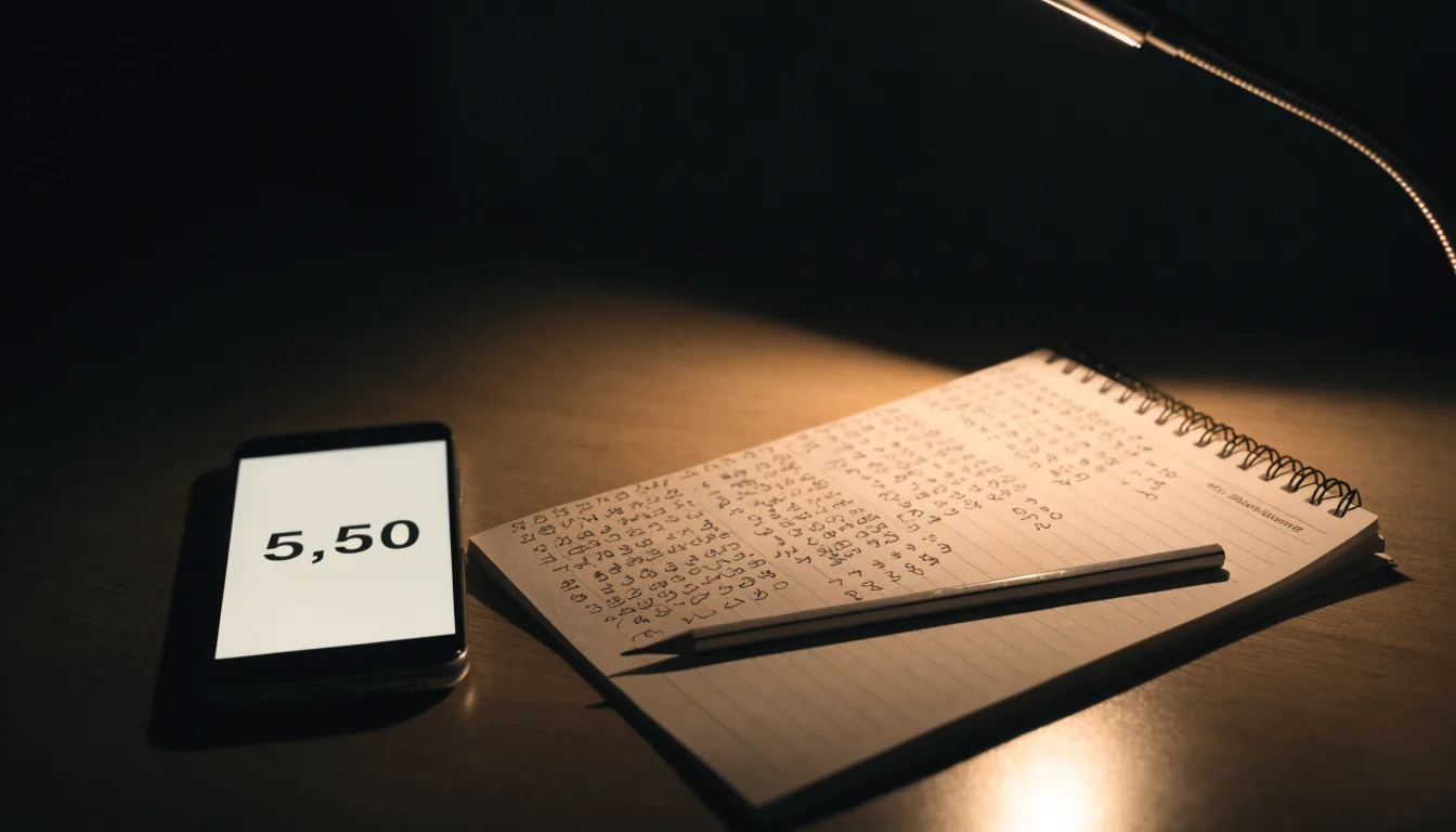 Ein Taschenrechner und ein aufgeschlagenes Notizbuch mit handschriftlichen Zahlenreihen liegen unter einer Schreibtischlampe.