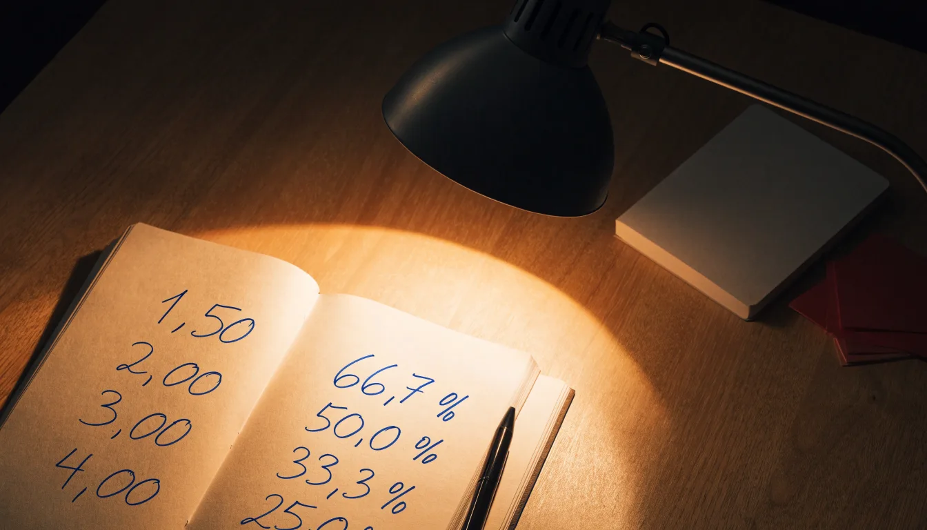 Ein Taschenrechner und ein aufgeschlagenes Notizbuch mit handschriftlichen Zahlenreihen liegen unter einer Schreibtischlampe.