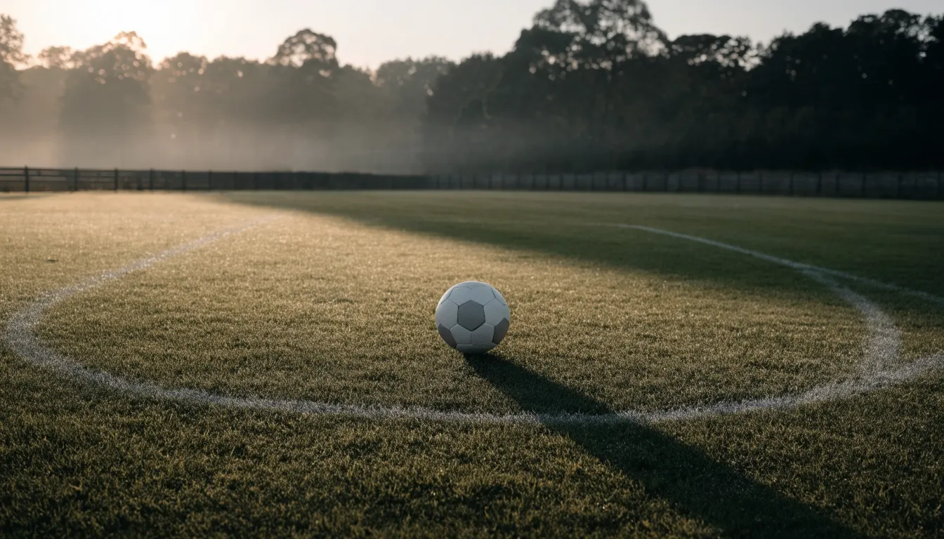 Ein Fußball liegt allein auf dem Anstoßpunkt eines leeren Rasenplatzes im Morgenlicht, am Rand ein niedriger Zaun.