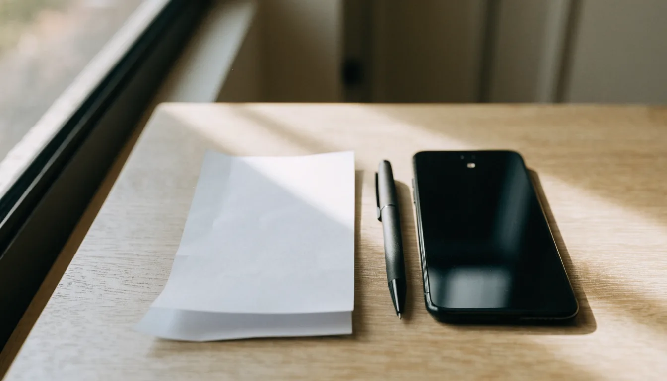 Ein leerer Papier-Wettschein und ein Kugelschreiber liegen neben einem Smartphone mit dunklem Display auf einem Tisch am Fenster.