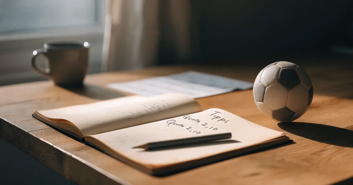Ein Notizbuch mit handschriftlichen Notizen und einem Bleistift liegt auf einem Holztisch, daneben ein kleiner Fußball im weichen Tageslicht.