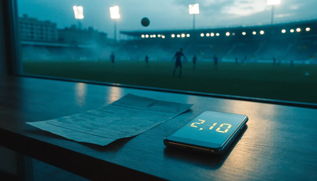 Ein Stadion unter Flutlicht aus der Ferne gesehen, davor eine leere Straße in der Abenddämmerung mit leichtem Dunst.