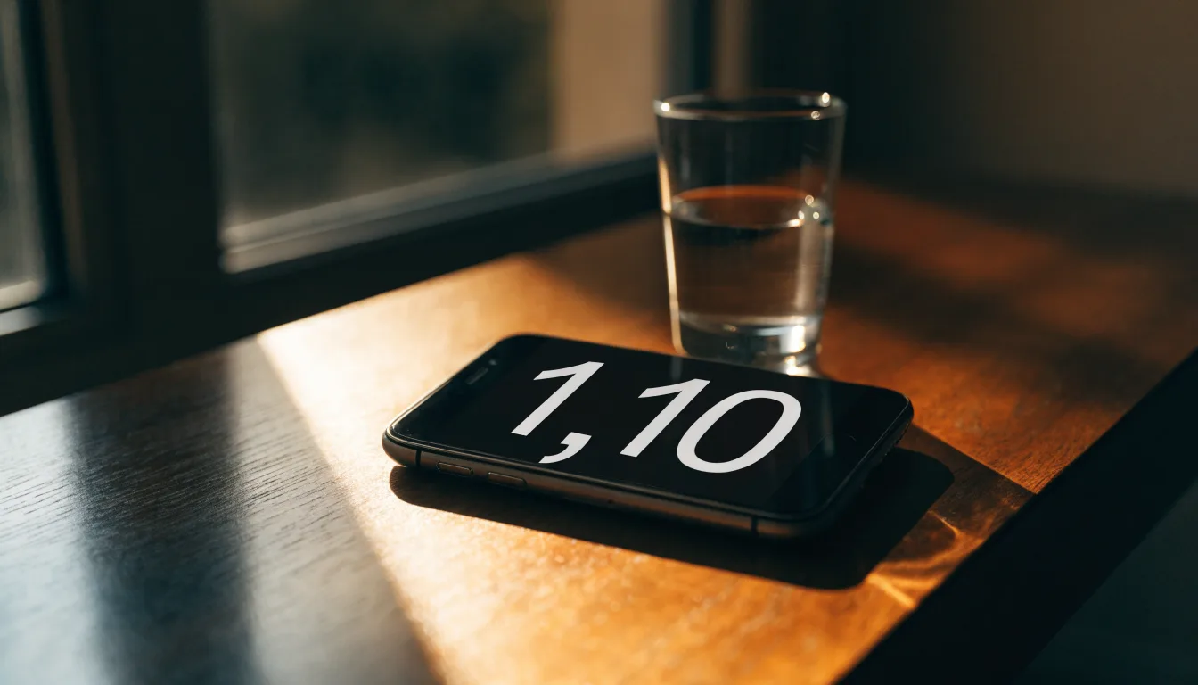 Ein Smartphone liegt mit dem Display nach unten auf einem Holztisch neben einem Glas Wasser, Abendlicht fällt durch ein Fenster.