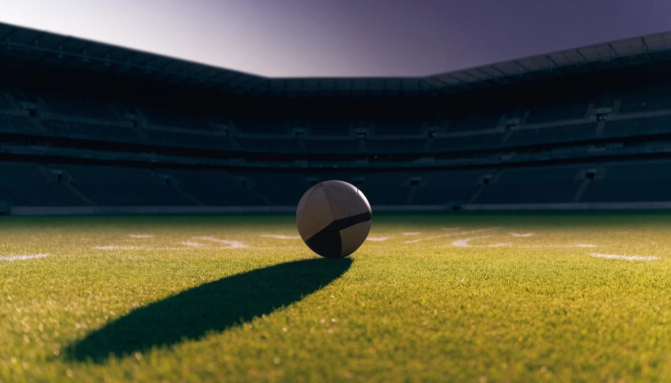 Ein Fußball liegt auf dem Anstoßpunkt eines leeren Rasenplatzes, dahinter ragen dunkle Ränge in den Abendhimmel.