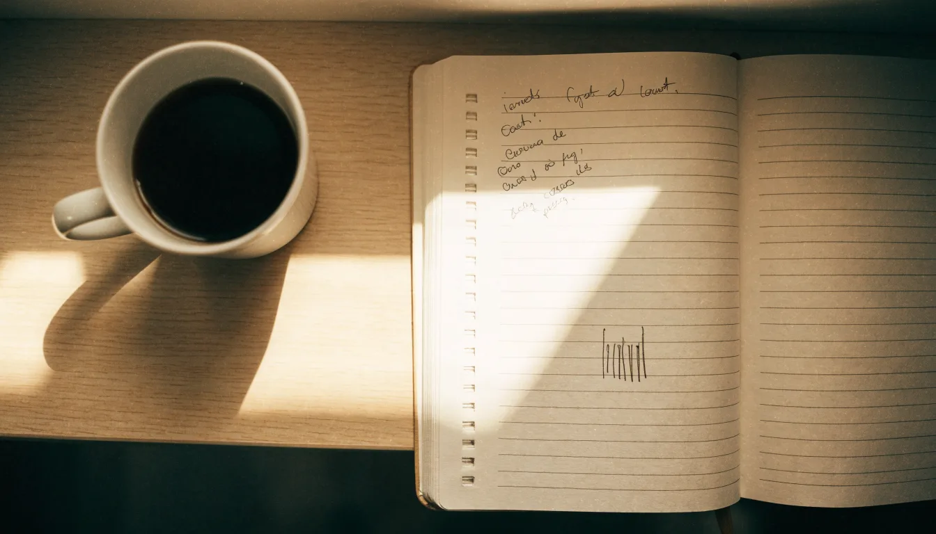 Ein Notizbuch mit handschriftlichen Notizen und einem Bleistift liegt auf einem Tisch, daneben steht eine Kaffeetasse im Morgenlicht.