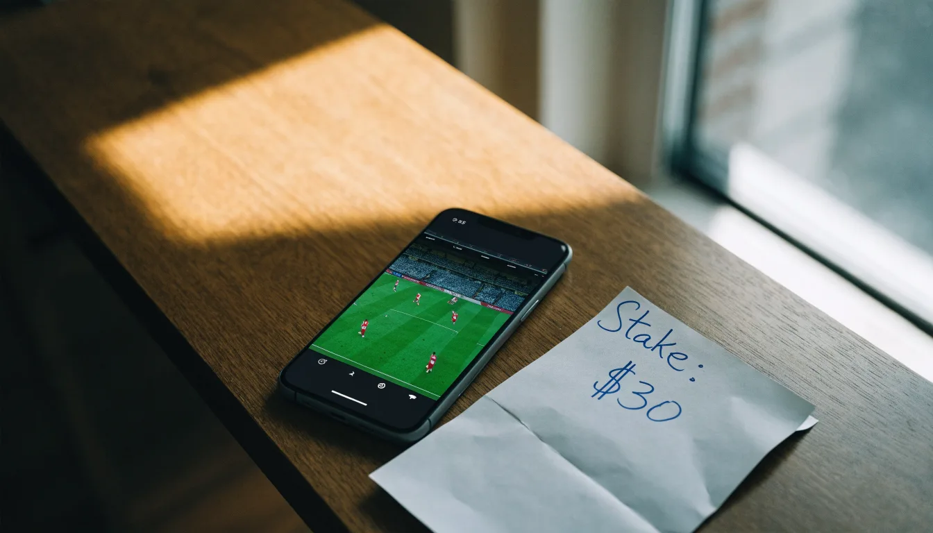 Ein Smartphone liegt mit dunklem Display auf einem Holztisch neben einem leeren Papier-Wettschein, Licht fällt von einem Fenster.