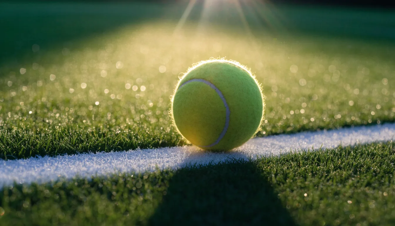Ein Tennisball liegt auf frisch gemähtem Gras neben einer weißen Linie, Tautropfen glänzen im Gegenlicht.