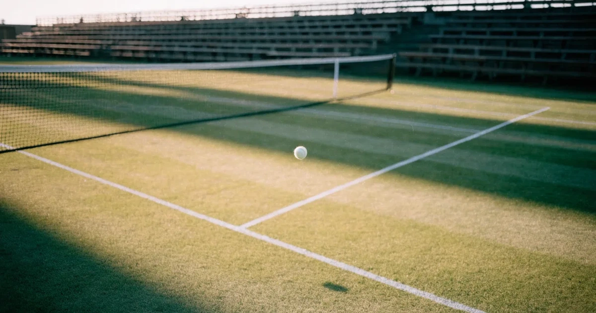Ein Tennisplatz mit Rasenbelag im Morgenlicht, Netz und weiße Linien, im Hintergrund eine ruhige Tribüne.
