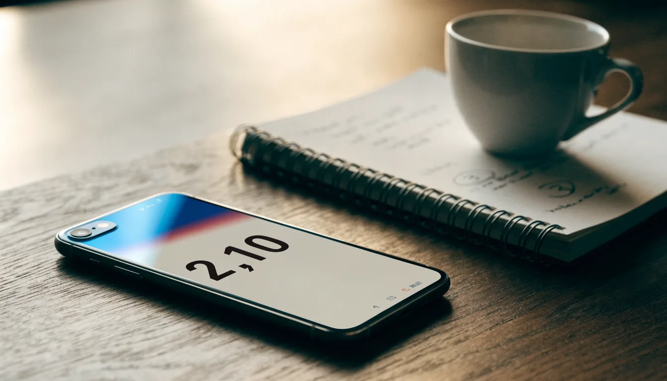 Ein Smartphone liegt auf einem Tisch neben einem Notizbuch mit handschriftlichen Notizen und einer Tasse Kaffee.