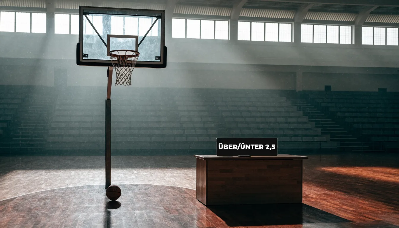 Ein Basketballkorb in einer leeren Halle, der Ball liegt unter dem Brett auf dem Parkett.