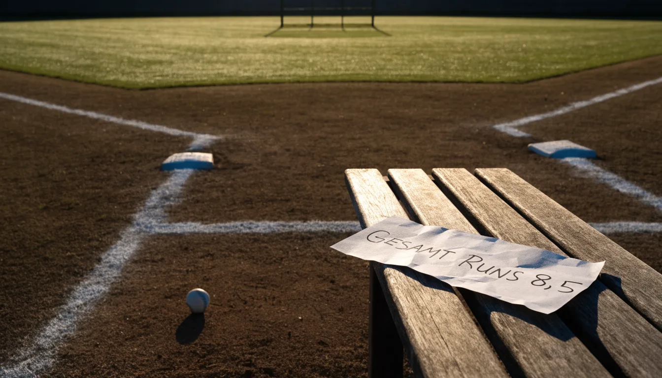 Ein Baseballfeld mit leerem Infield im Morgenlicht, die Linien frisch gezogen, keine Spieler im Bild.