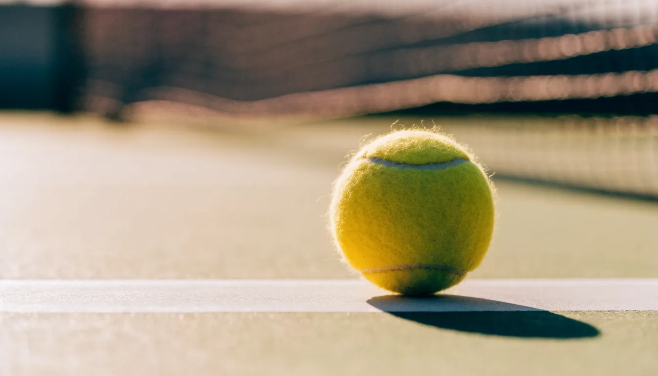 Ein Tennisball liegt in Nahaufnahme auf einer Grundlinie, dahinter verschwimmt ein leerer Platz in warmem Licht.
