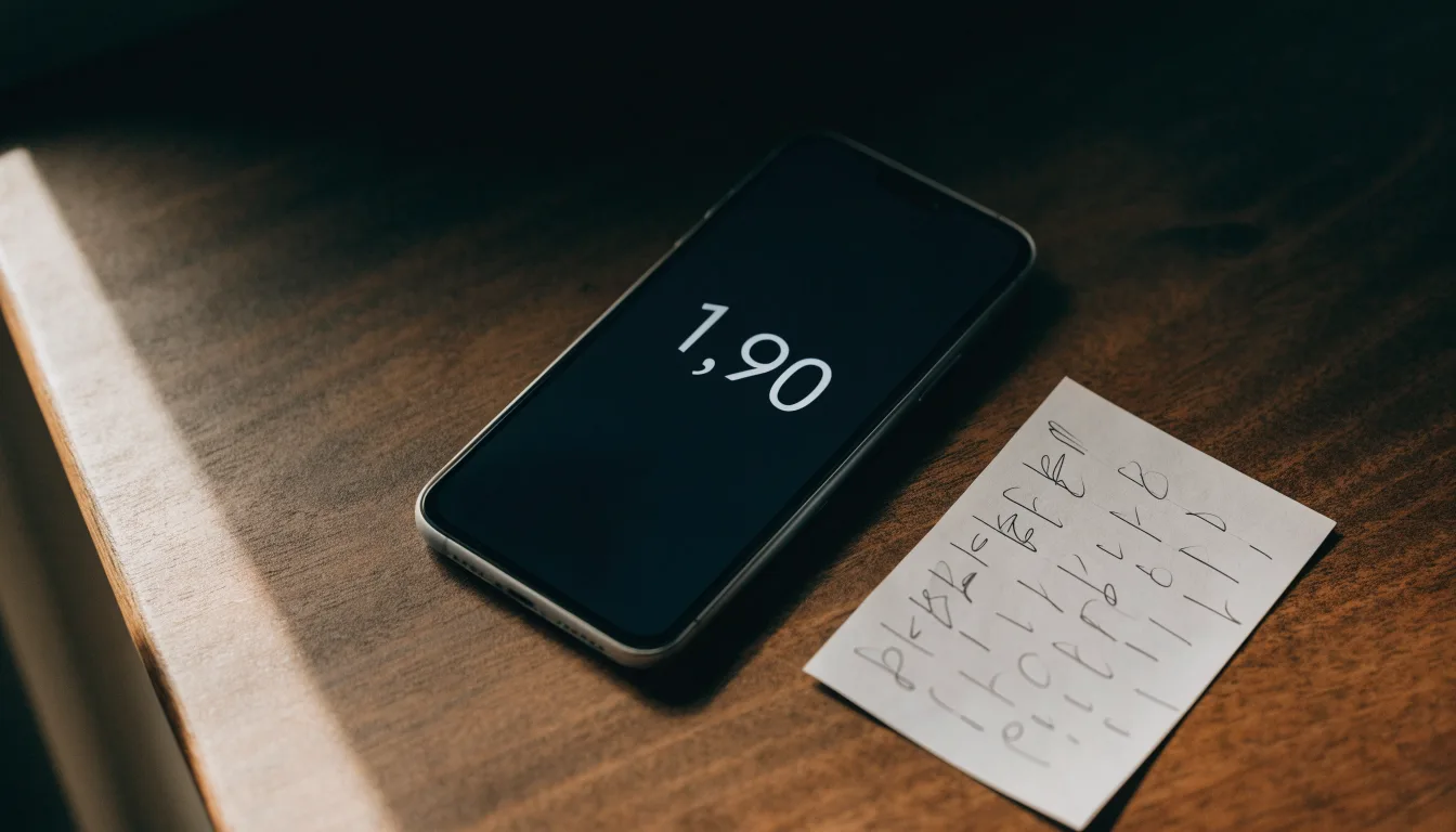 Ein Smartphone mit dunklem Display liegt neben einem leeren Papier-Wettschein auf einem Tisch, Licht fällt von der Seite.