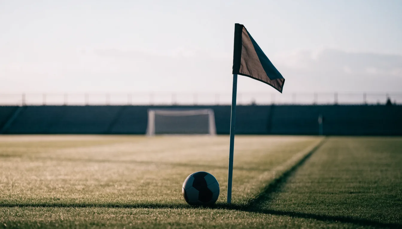 Ein Fußball liegt auf Rasen neben einer Eckfahne ohne Aufdruck auf einem leeren Platz im Morgenlicht.