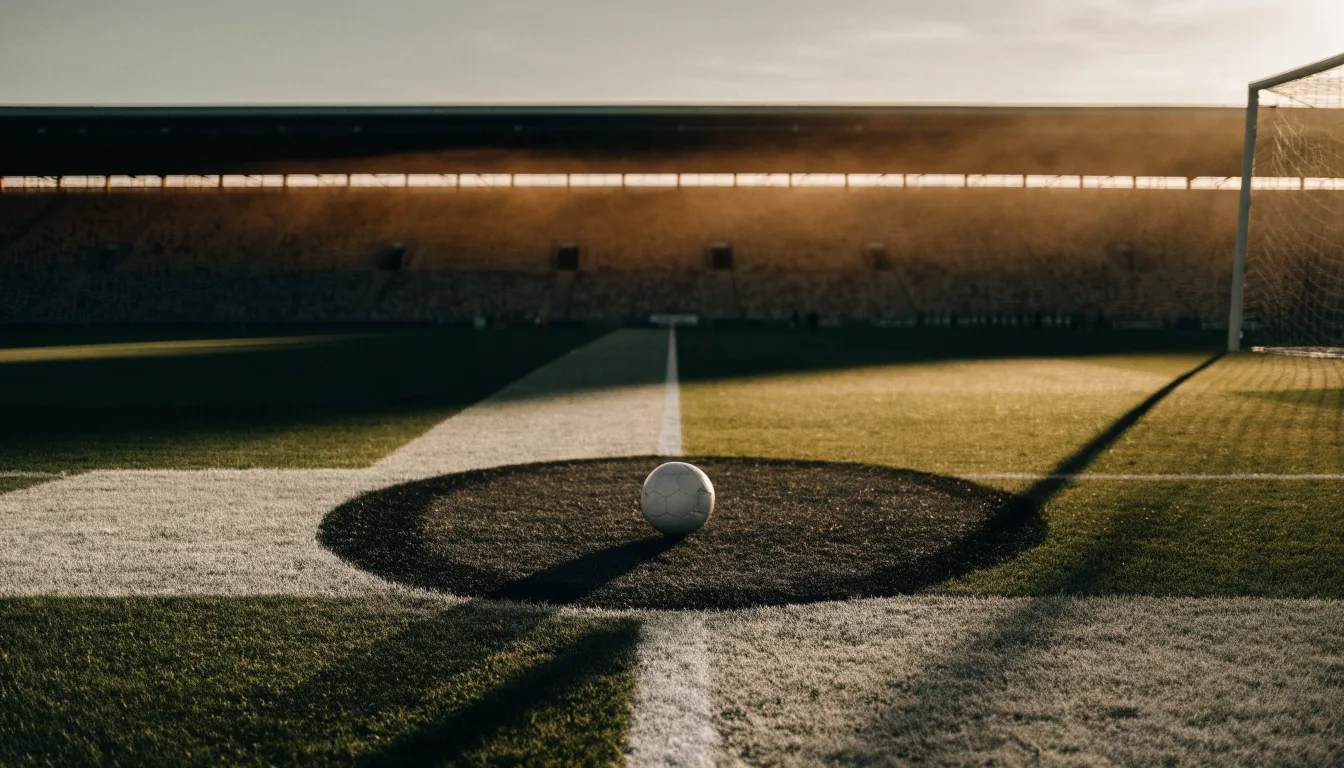 Ein Fußball liegt auf dem Anstoßpunkt eines Rasenplatzes, dahinter eine leere Tribüne im Abendlicht.
