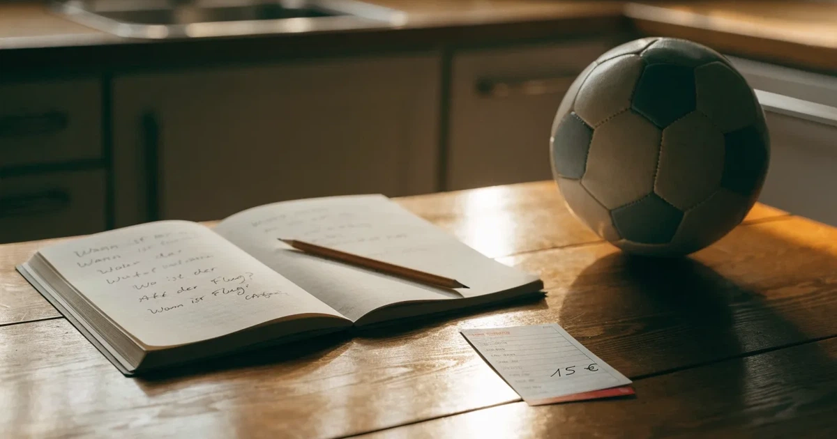 Ein Notizbuch mit handschriftlichen Notizen und einem Bleistift liegt auf einem Holztisch, daneben ein kleiner Fußball im Tageslicht.