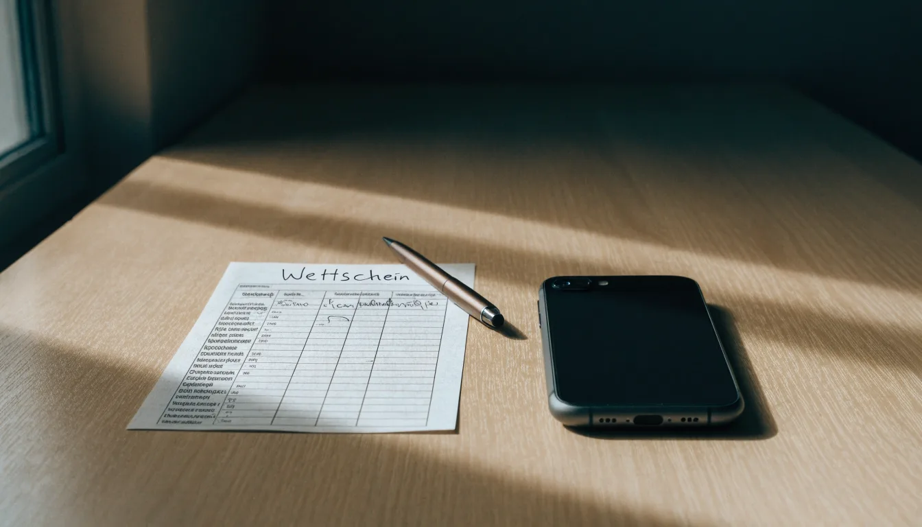 Ein leerer Papier-Wettschein und ein Kugelschreiber liegen neben einem Smartphone mit dunklem Display auf einem Schreibtisch am Fenster.
