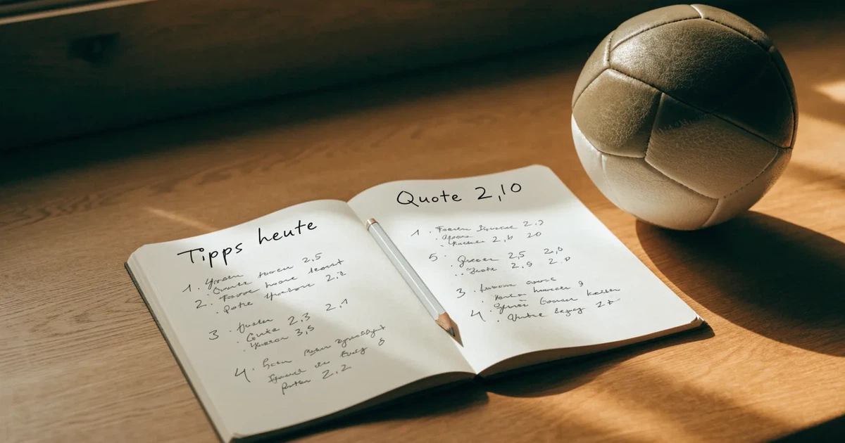 Ein Notizbuch mit handschriftlichen Notizen und einem Bleistift liegt auf einem Holztisch, daneben ein kleiner Fußball im Tageslicht.
