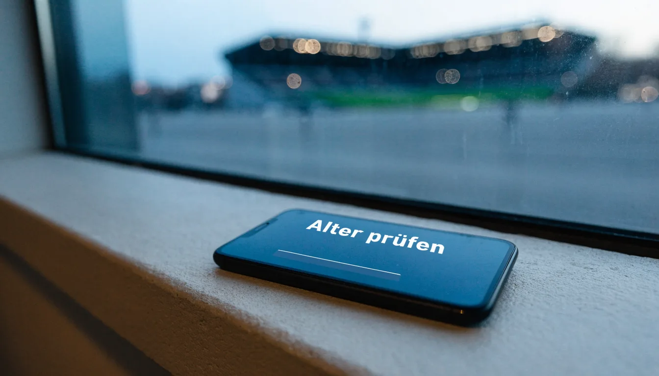 Ein Stadion unter Flutlicht aus großer Entfernung, davor eine leere Straße in der Abenddämmerung.