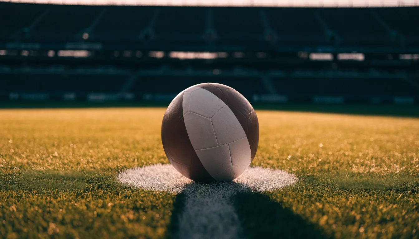 Ein Fußball liegt auf dem Anstoßpunkt eines Rasenplatzes, dahinter eine leere Tribüne im Abendlicht.