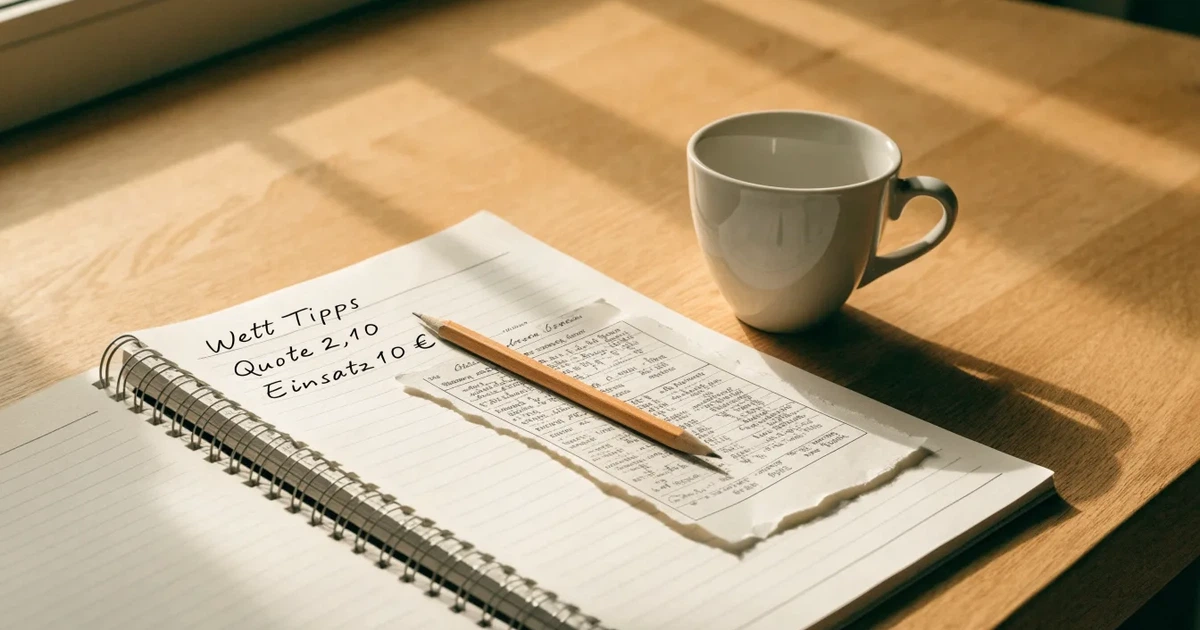 Eine Kaffeetasse, ein Notizbuch mit handschriftlichen Notizen und ein Bleistift auf einem hellen Schreibtisch am Morgen.