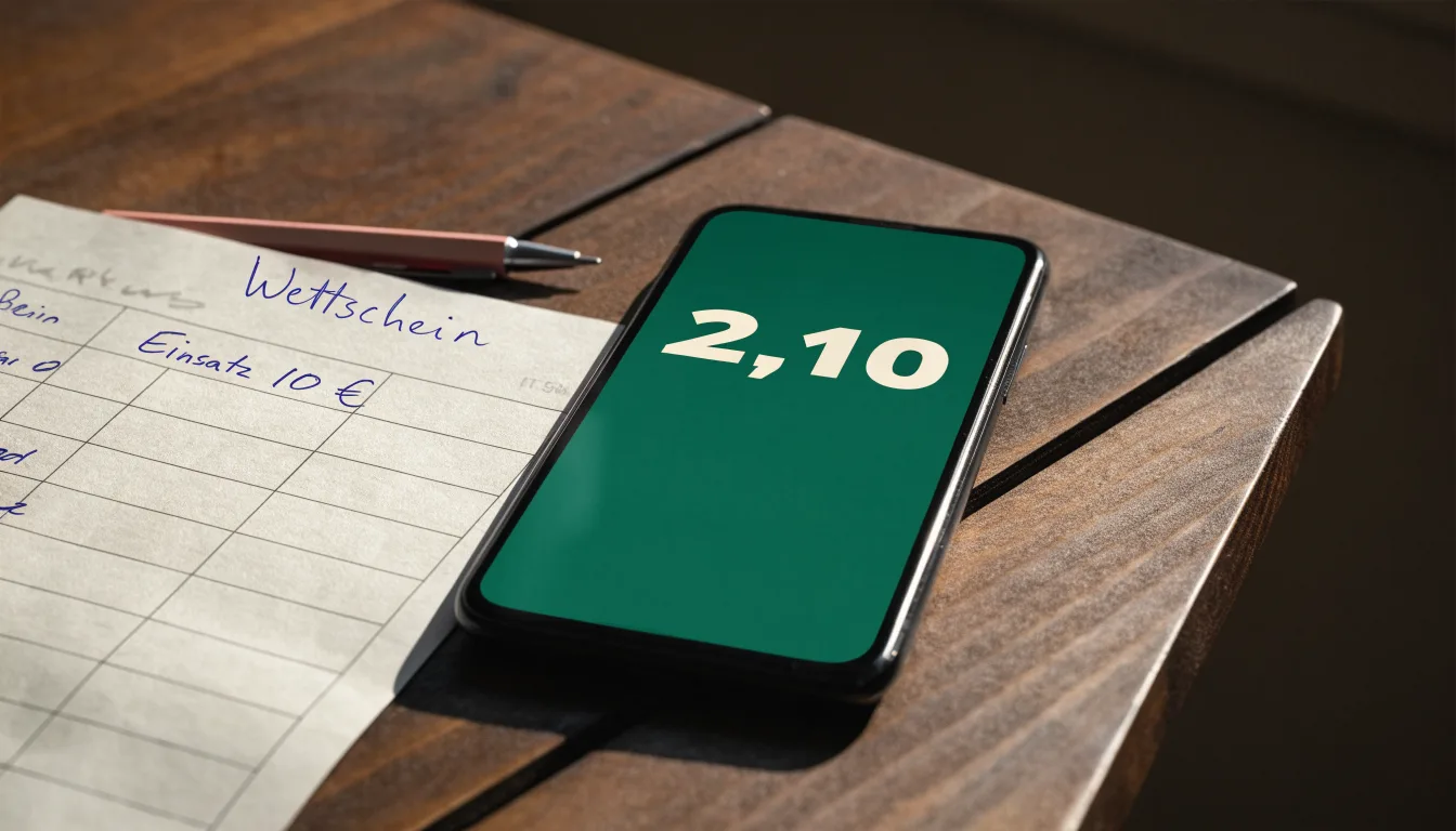 Ein Smartphone mit dunklem Display liegt neben einem leeren Papier-Wettschein auf einem Holztisch, Licht fällt von der Seite.